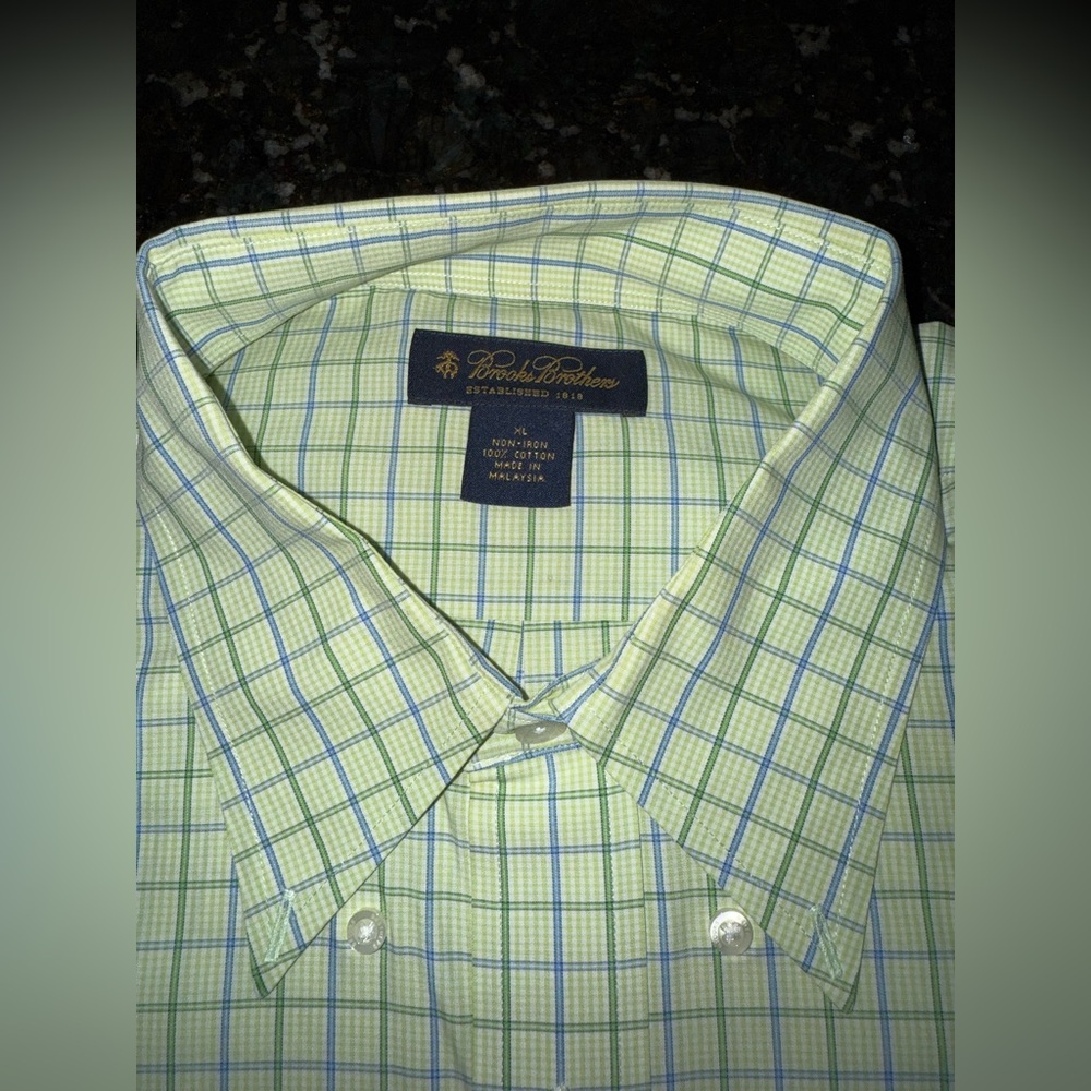 Brooks Brothers Shirt Mens XL Green Blue Check Button‎ Long Sleeve Cotton V